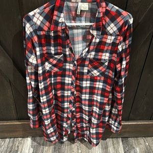 Plaid, long, button-down tunic blouse